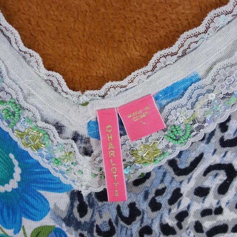 CHARLOTTE TARANTOLA Womens Sweater Large Gray Pullover Leopard Floral Beaded - Picture 2 of 8